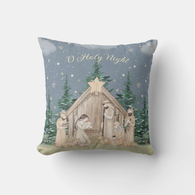 Coussin Noël de la Nativité à l'aquarelle (Recto)