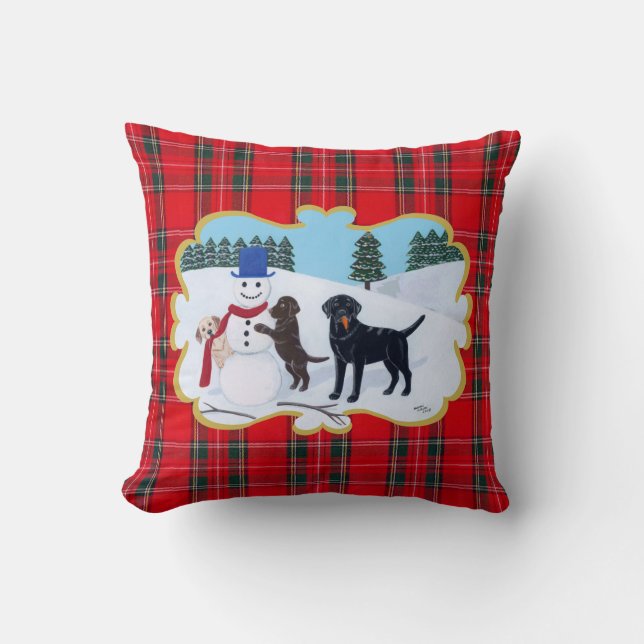 Coussin Noël de Labrador avec le bonhomme de neige (Recto)