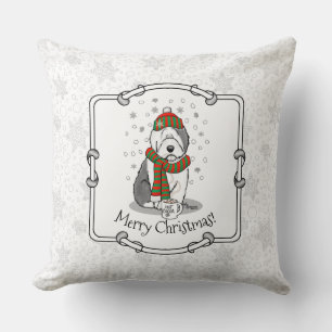 Coussin Noël d'hiver Vieux anglais Chien de mouton gris 1