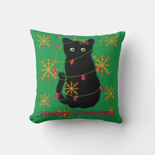 Coussin Noël du chat Meowy | flocons d'or mousseux (Recto)