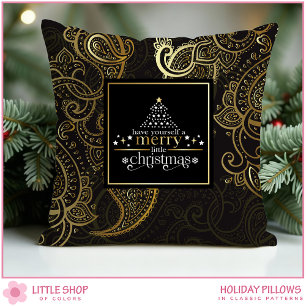 Coussin Noël élégant à motifs Paisley noir et or