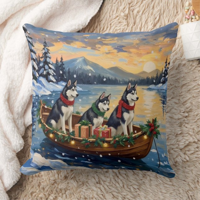 Coussin Noël en bateau avec Husky sibérien (Couverture)