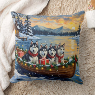Coussin Noël en bateau avec un Malamute d'Alaska