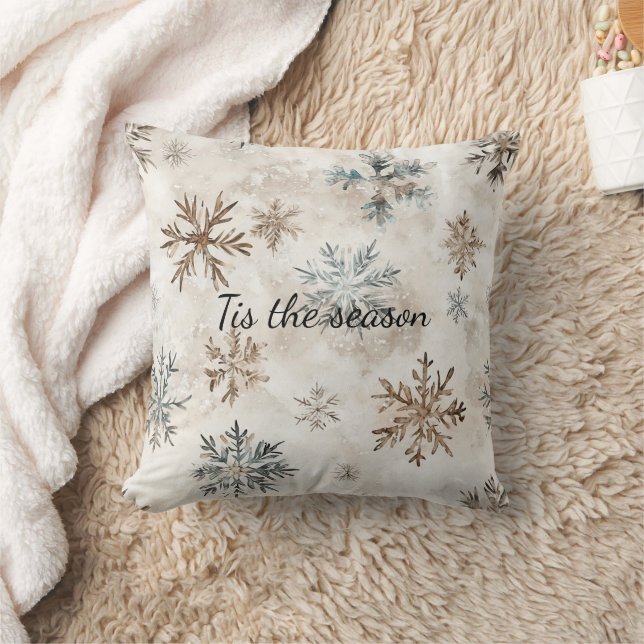 Coussin Noël Flocons de Neige Crème Bleu Marron (Couverture)