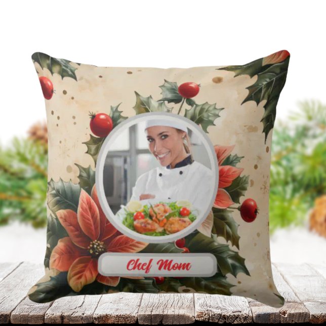 Coussin Noël Floral Personnalisé Chef Maman Photo (Créateur téléchargé)
