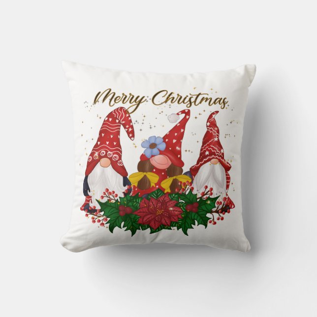 Coussin Noël Gnomes Poinsettia Whimsical Woodland (Recto)