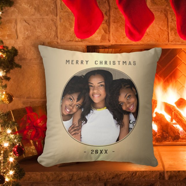 Coussin Noël Golden Metallic Family Round Photo (Créateur téléchargé)