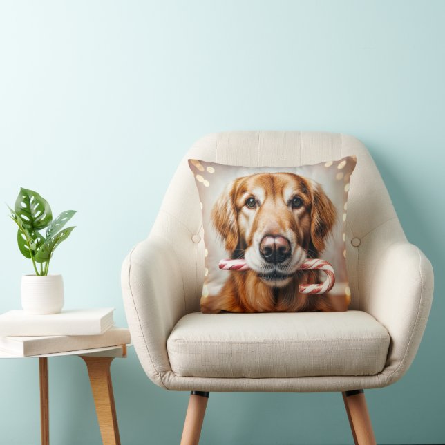 Coussin Noël Golden Retriever avec un Sucre de canne (Chaise)
