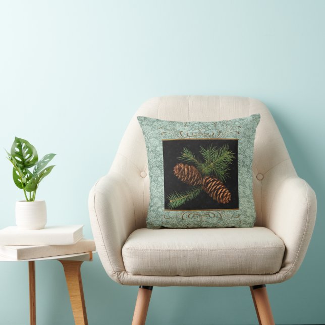 Coussin Noël Green Damassé et Pins (Chaise)