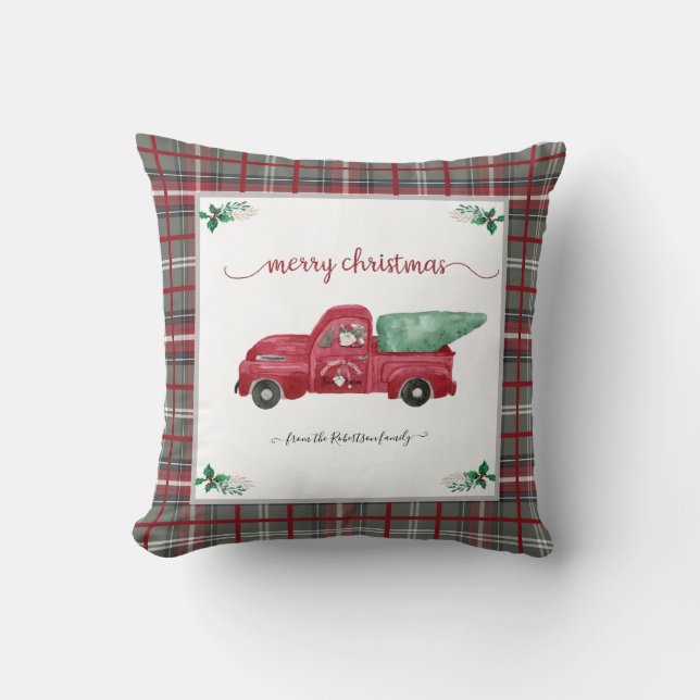 Coussin Noël Gris Plaid Gnome Arbre Ferme Camion Rouge (Recto)