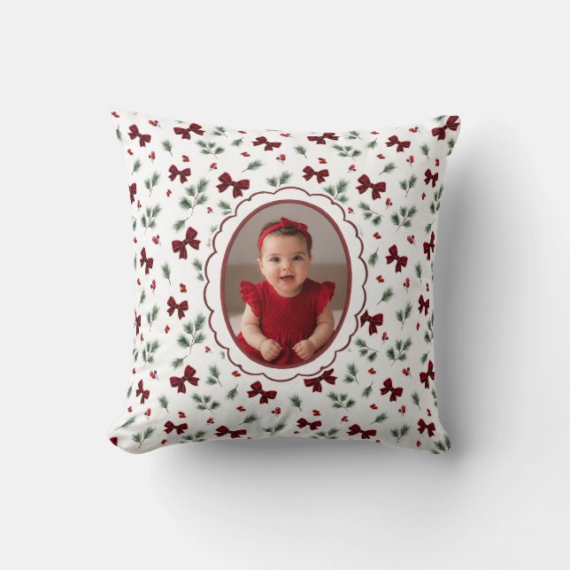 Coussin Noël Guirlande Verte Ruban Rouge (Recto)