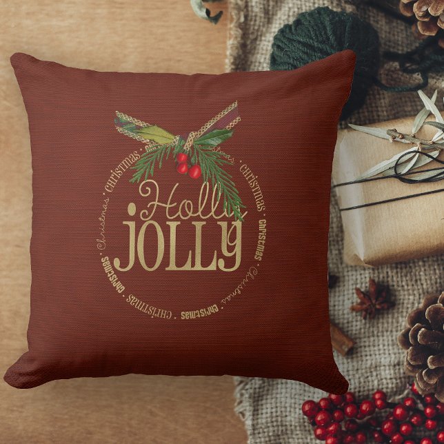 Coussin Noël Holly Jolly, Bourgogne Et Chatoyant (red and gold holly jolly christmas pillow with holly and gold text)
