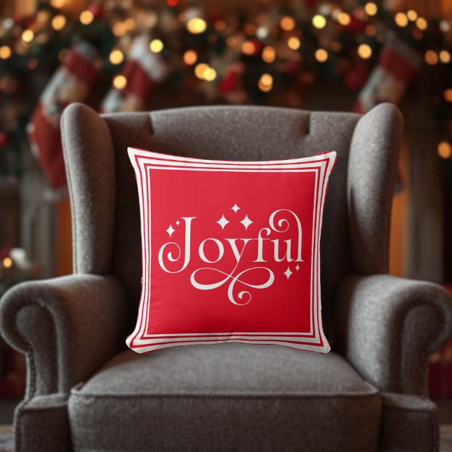 Coussin Noël Joyeux Script rouge (Christmas Joyful Script Red Throw Pillow)