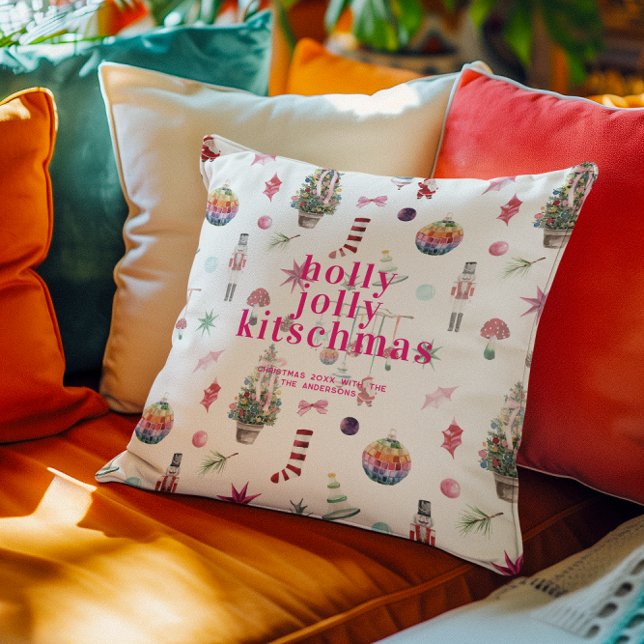 Coussin Noël kitsch | Retro Holly Jolly Holiday (Créateur téléchargé)
