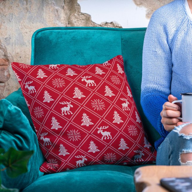 Coussin Noël Knit Moose Tree Red Winter Holidays (Créateur téléchargé)