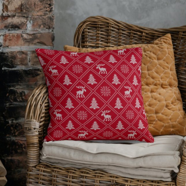 Coussin Noël Knit Moose Tree Red Winter Holidays (Créateur téléchargé)