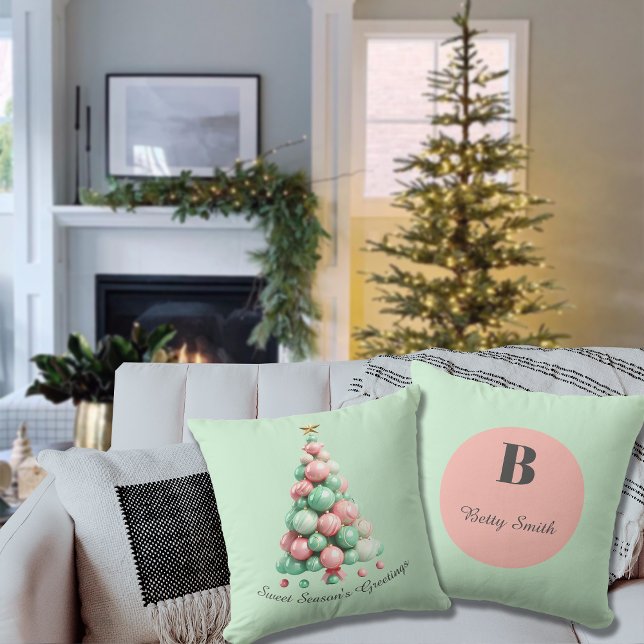 Coussin Noël Macaron Arbres Nom personnalisé (Créateur téléchargé)