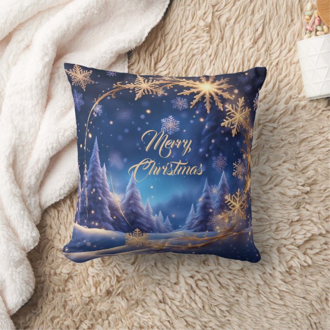 Coussin Noël magique - flocons de neige dorés sur bleu (Couverture)
