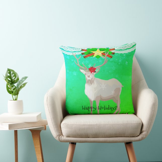 Coussin Noël Moderne Amusant Renne de Noël Vert (Chaise)