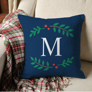 Coussin Noël Monogramme Laurier Bleu Marine Élégant