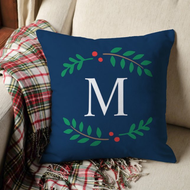 Coussin Noël Monogramme Laurier Bleu Marine Élégant (Créateur téléchargé)