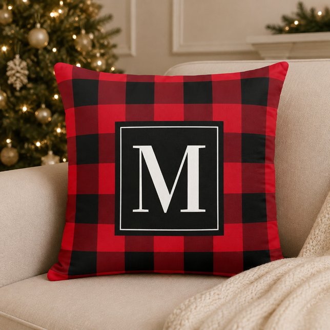 Coussin Noël Monogramme Plaid Rouge Noir Bold Buffalo (Créateur téléchargé)