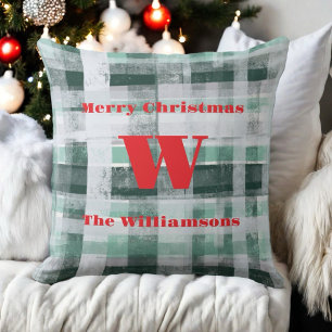 Coussin Noël monogramme plaid tartan vert blanc rouge