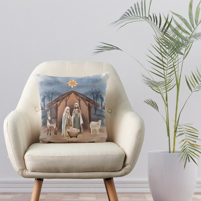Coussin Noël Nativité Animaux Chrétien Aquarelle (Créateur téléchargé)