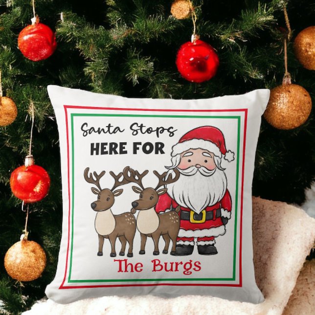 Coussin Noël Père Noël s'arrête ici Famille personnalisée (Créateur téléchargé)