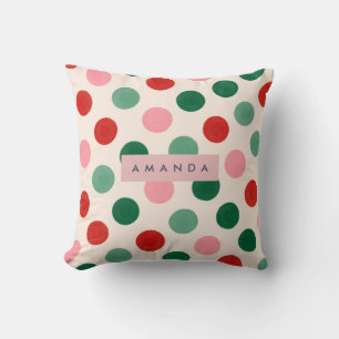 Coussin Noël personnalisé rouge vert et rose à pois