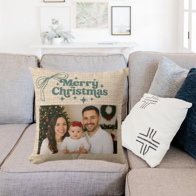 Coussin Noël photo beige avec un nœud en toile de jute des (Créateur téléchargé)