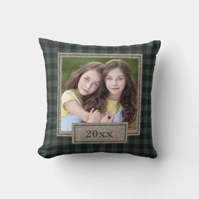 Coussin Noël Photo en Plaid Buffle Vert Burlap Rustique (Recto)