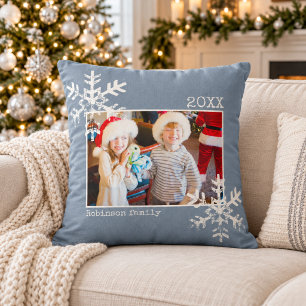 Coussin Noël Photo Famille Flocon de Neige Bleu Poussiéreu