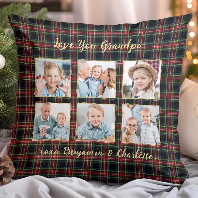 Coussin Noël Plaid Custom Gold Photo Collage Grand-père (Créateur téléchargé)
