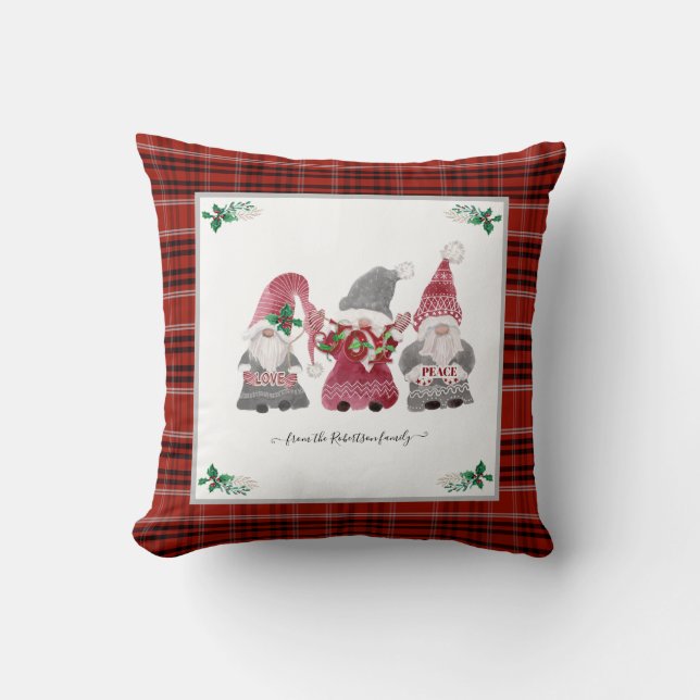 Coussin Noël Plaid Gnome Love Peace Holly Berry (Recto)