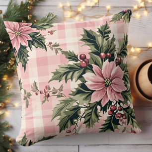 Coussin Noël Poinsettia à carreaux roses