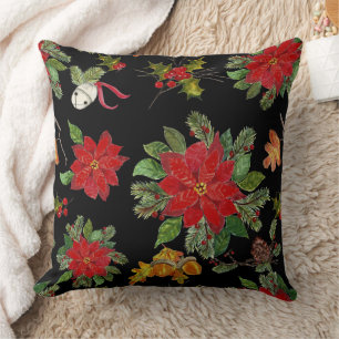 Coussin Noël Poinsettia Et Cloches D'Argent