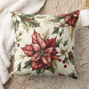 Coussin Noël Poinsettia Holly Crème Vintage Rouge