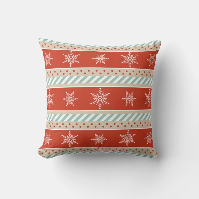Coussin Noël Red Mint Stripes Snowflakes Motif (Recto)