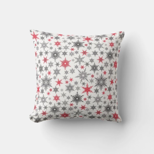 Coussin Noël, rouge, blanc, flocons de neige, hiver, nouve (Recto)