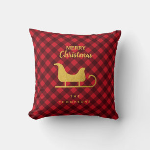 Coussin Noël Rouge et noir Buffalo Plaid Père Noël Sleigh