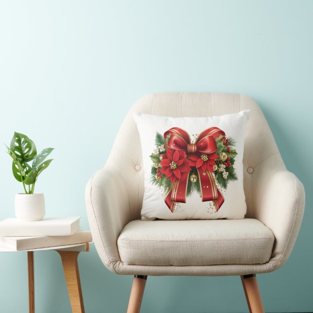 Coussin Noël Ruban Rouge et Or Festif (Chaise)
