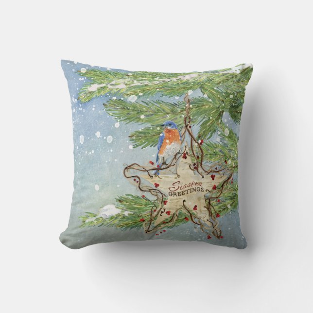 Coussin Noël Rustique Nature Bleue Oiseau étoile de boulea (Recto)