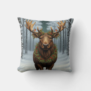 Coussin Noël rustique orignal forêt boisée hivernale