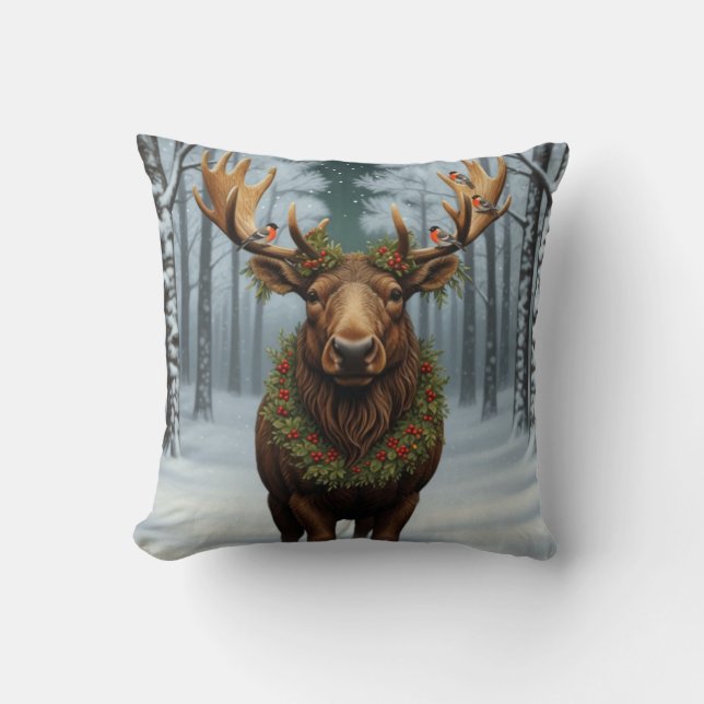 Coussin Noël rustique orignal forêt boisée hivernale  (Recto)