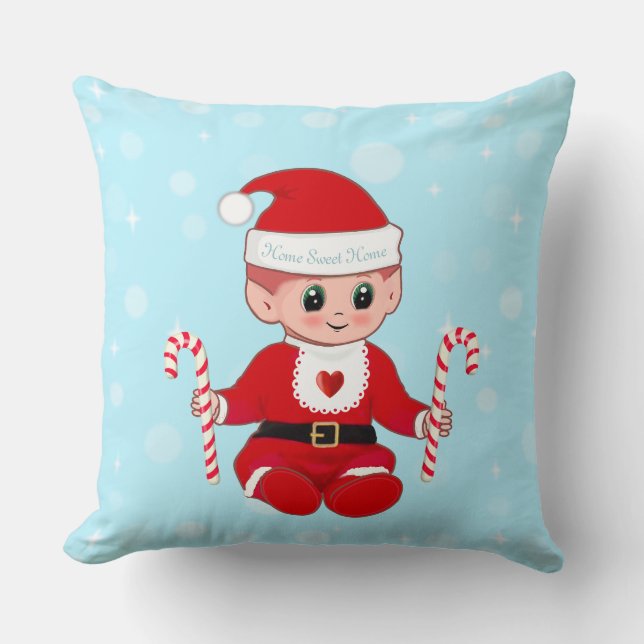 Coussin Noël Santa Bébé et Canne à Sucre sur Fond Bleu Cla (Recto)