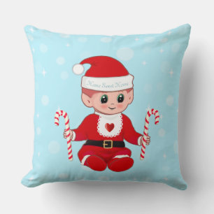 Coussin Noël Santa bébé et cannes à sucre sur fond bleu cl