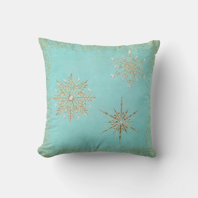 Coussin Noël Snowflakes Aqua & Gold Parties scintillant (Recto)