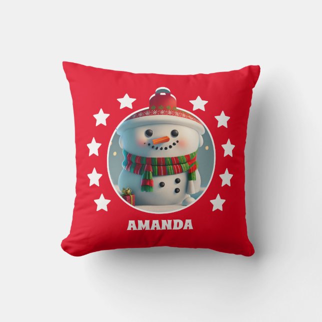 Coussin Noël Snowman Personnalisé Enfants Rouge (Recto)