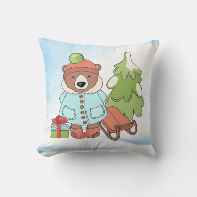 Coussin Noël Teddy Bear Couple avec cadeau (Recto)
